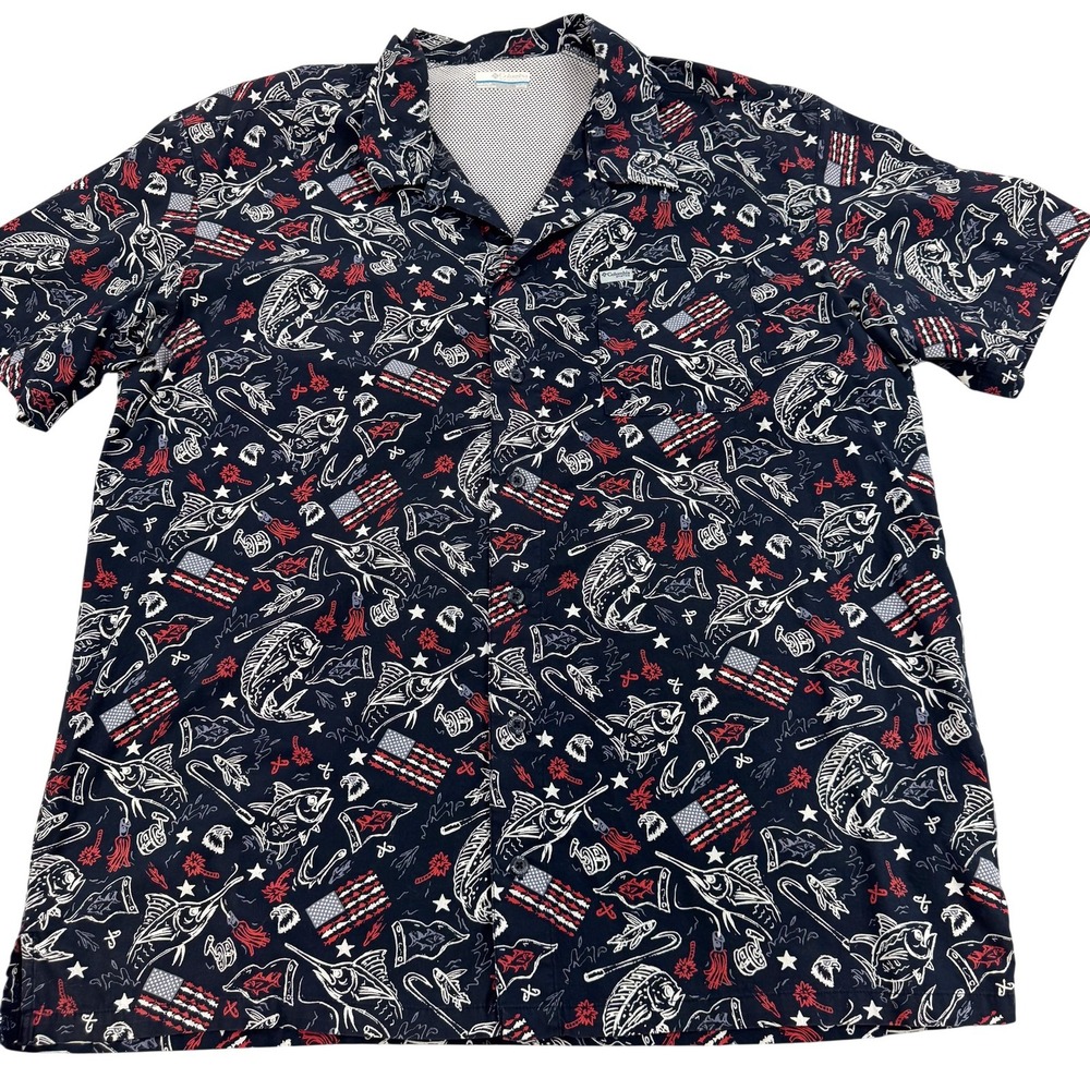 Columbia PFG Fishing Shirt Mens XL Blue Patriotic Fish Flag Print Outdoor G53840
